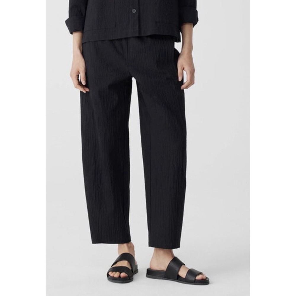 EILEEN FISHER L Black Crinkled Pucker Lantern Barrel Pants Relaxed Minimalist L